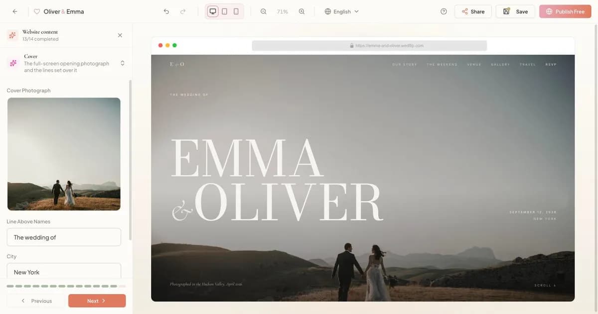 The Wedflip builder editing a cover photo and couple names, with a live preview of the site