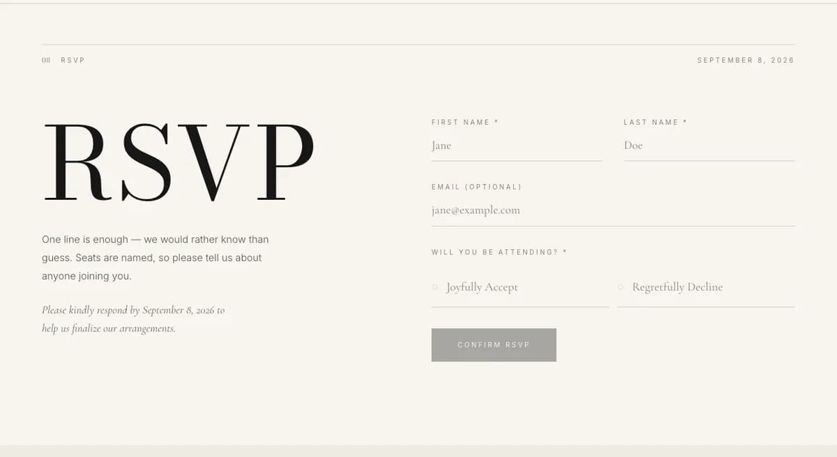 The RSVP form on a live Wedflip wedding site, asking for name, email and attendance