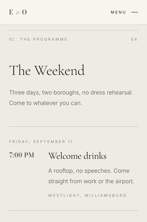 A Wedflip wedding site on a phone, showing the weekend schedule